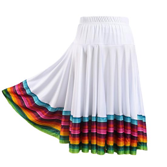 Midi Skirt Ladies Folk Dance Skirt Elastic High Waist Spanish Swing Skirt Rainbow Large Swing Hem Mexican Flamenco Performance Skirt