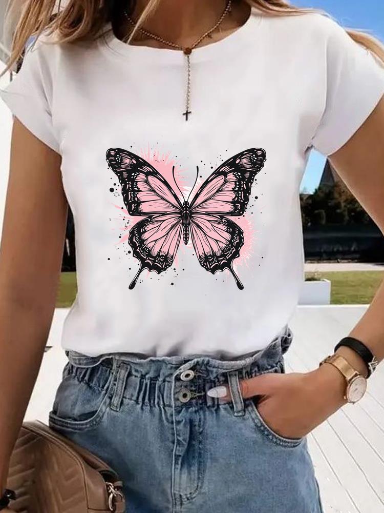 (Asian Size)  Sweet Flower Trend 90s Graphic Tee Fashion T Clothing Women's Top  Print Female Casual  Short Sleeve T-shirts