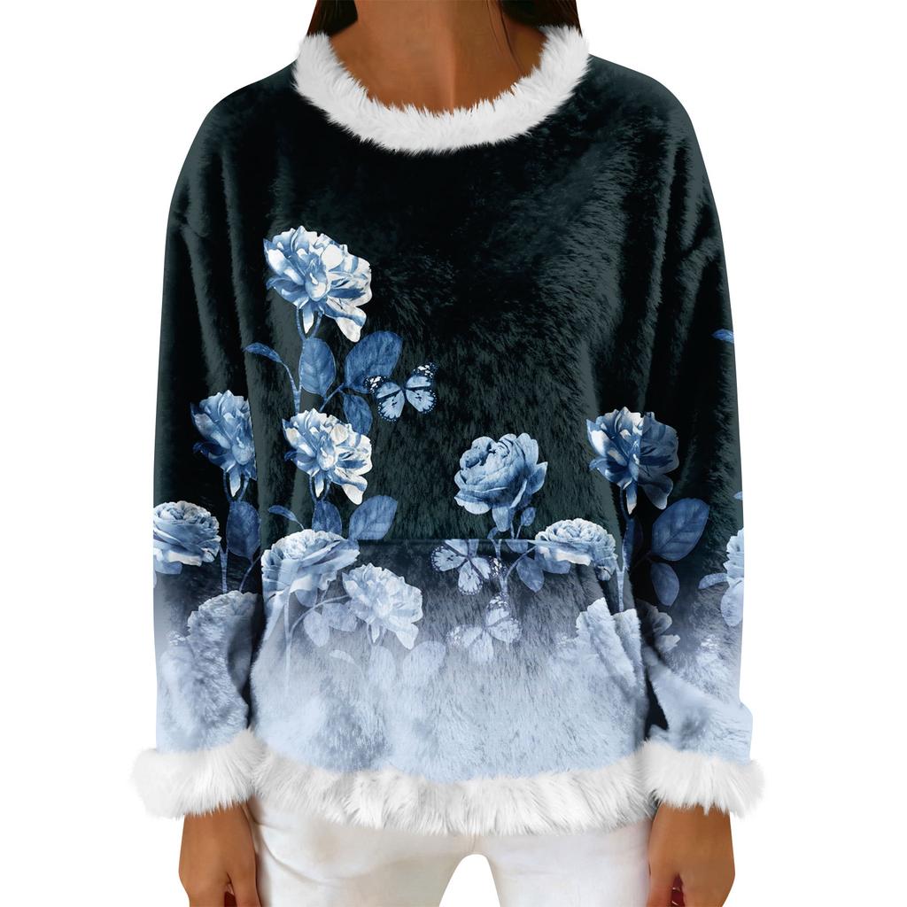 Women's Casual Fleece Sweatshirt  Long-Sleeve Round  Neck Casual Comfortable Loose-Fit Lightweight Women's Flannel Sweatshirt