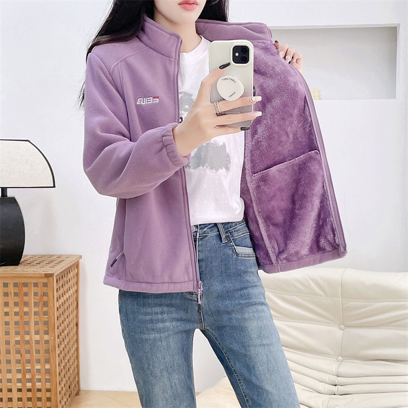 Women's Mint Green Fleece Jacket with Plush Puffer Stand Collar Winter Coat Long Sleeve Zippered Outerwear for Skiing Casual Cold Weather Clothing