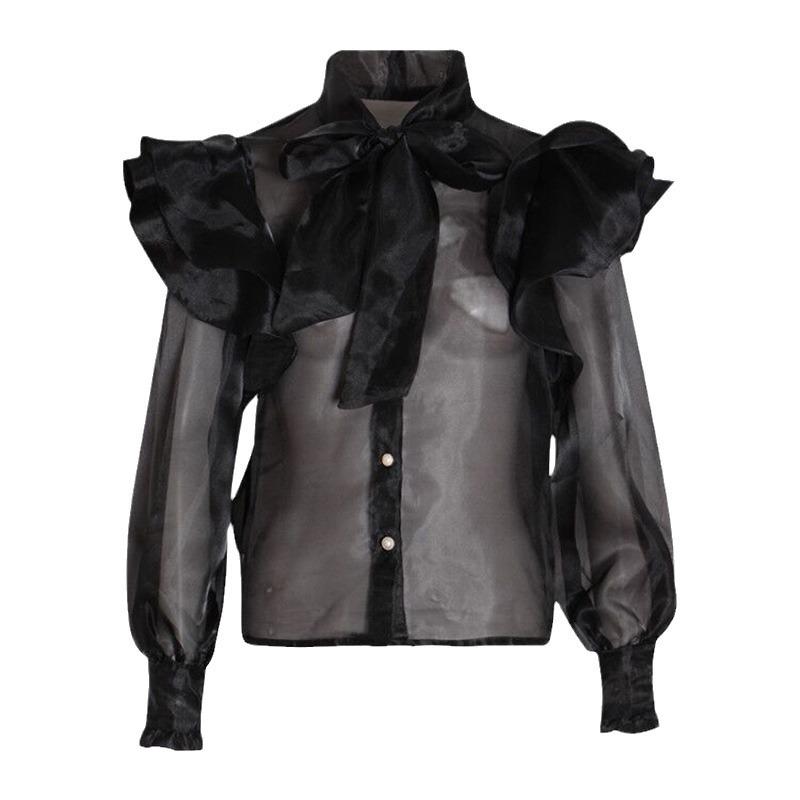 2025 Autumn Sweet Bow Tie Ruffle Mesh Blouse for Women