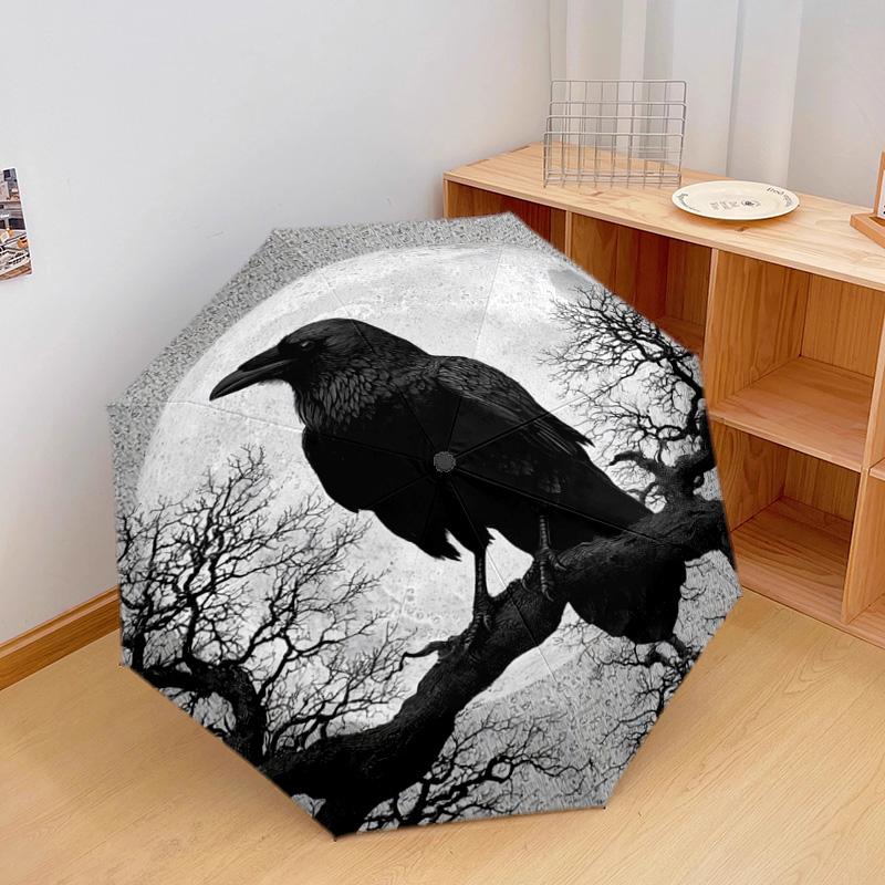 1 PC Automatic Folding Umbrella - Raven Pattern, Portable & Foldable Design with 8 Ribs, Christmas Birthday Gifts
