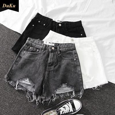 Pantalones cortos vaqueros de cintura alta para mujer, holgados, rotos, con flecos y pernera ancha