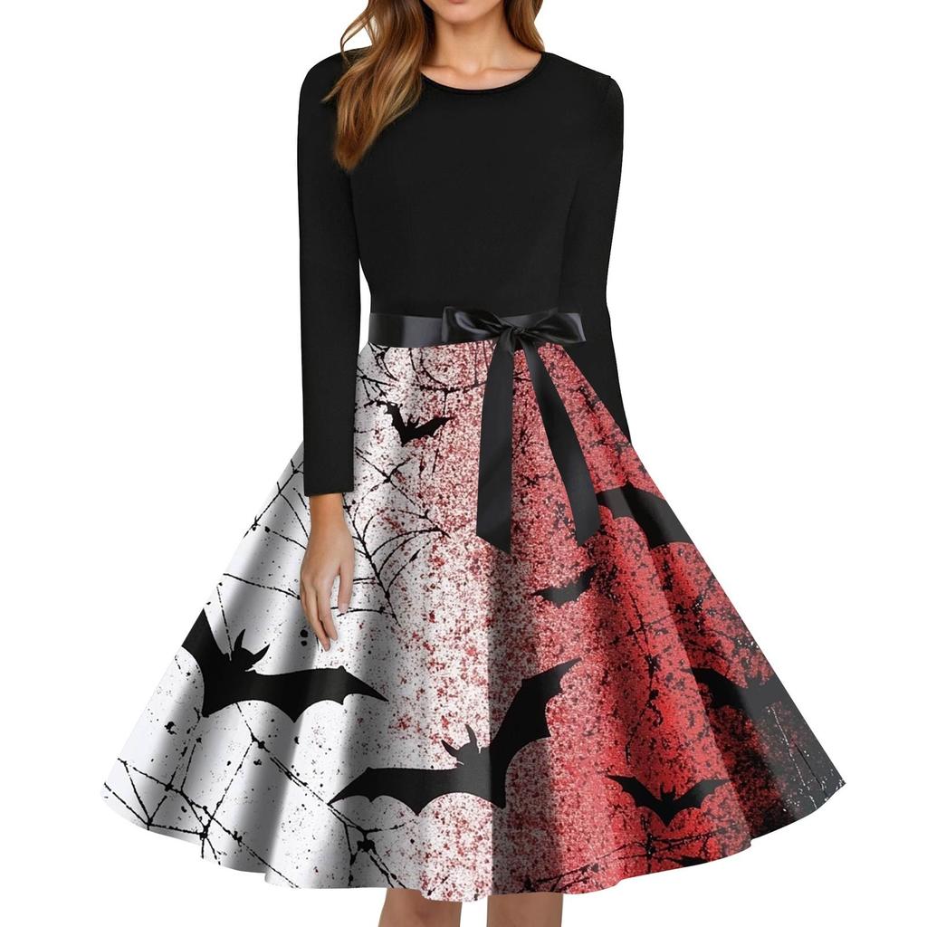 Women's Fashion O-Neck Casual Slim Fit Halloween Printed Long Sleeve Dress