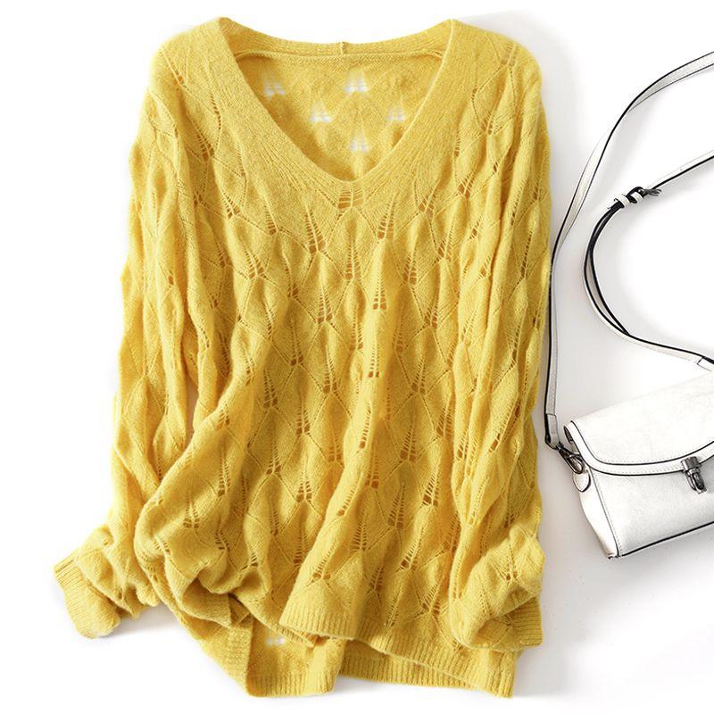 Spring and Autumn Large Size Hook Flower Hollow French Lazy Style Sweater Women's Small Shirt Loose V-neck Top