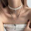 White Lace Strappy Choker & Layered Heart Necklace - Fashionable Women's Neck Chain