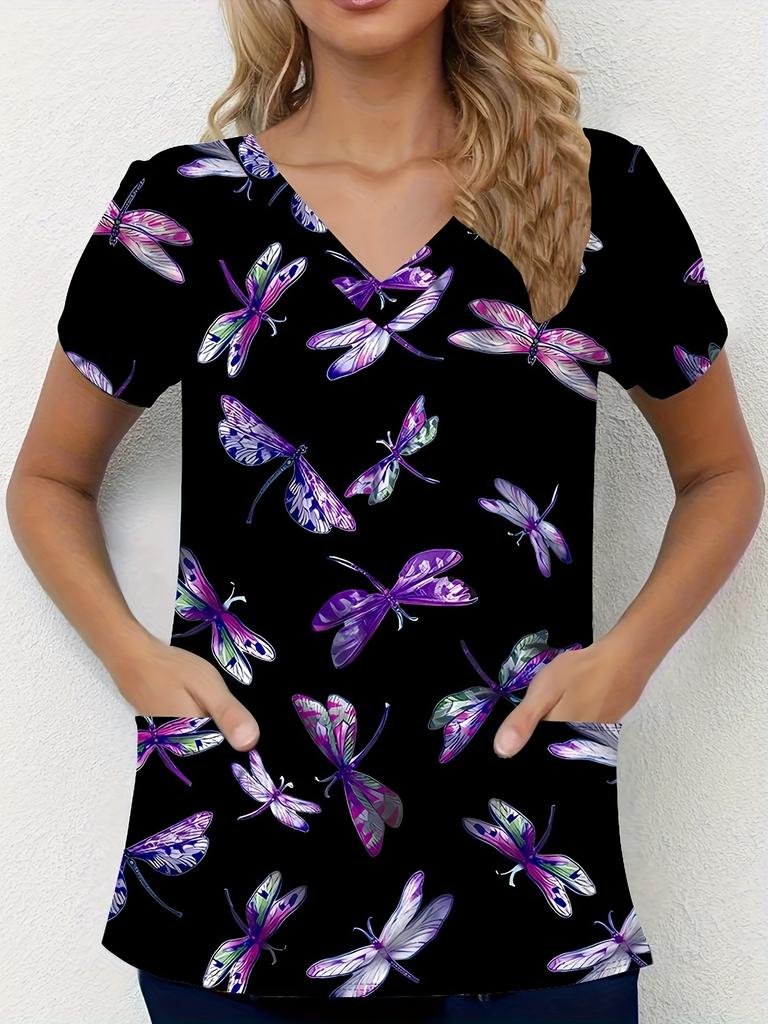 Schmetterlingsmuster 3D-Druck Zwei Taschen V-Ausschnitt Oberteil Bequem Funktional Pflegeleicht Kurzarm Uniform für Krankenschwester Damenbekleidung