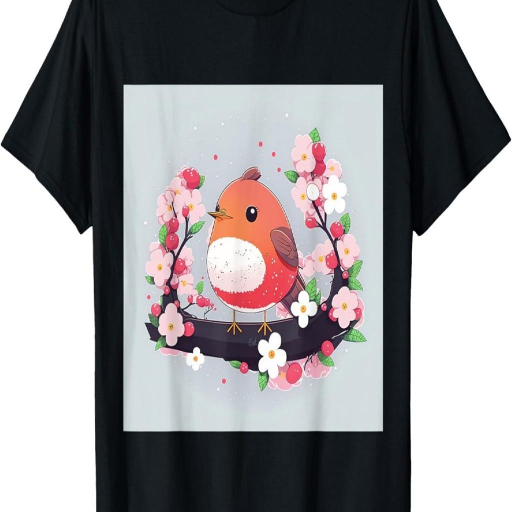 Pretty Pink Cute Red Robin Kawaii Cherry Blossom Blossom T-Shirt
