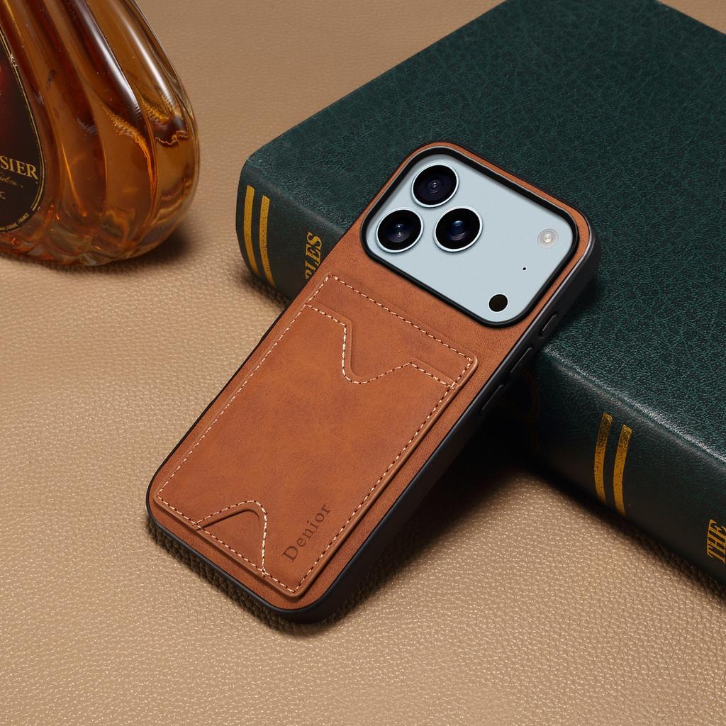 Retro Froste Leather Phone Case for iPhone 17 Pro Max Air 17E 16E 16 Plus 15 14 13 12 Card Slot Invisible Vertical Bracket Cover