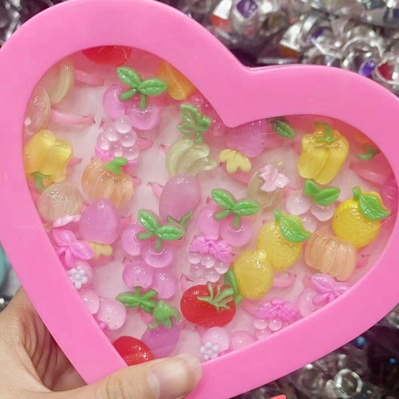 10pcs/Lot Cute Children's Cartoon Rings Glitter Flower Fruit Shape Plastic Adjustable Ope Excluding boxes