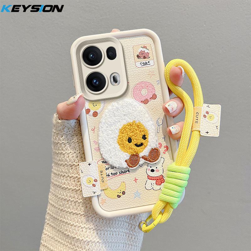 KEYSION Cartoon Cute Plush Embroidery Case for OPPO Reno13 5G with Lanyard Silicone Shockproof Phone Cover for OPPO Reno 13 Pro 5G