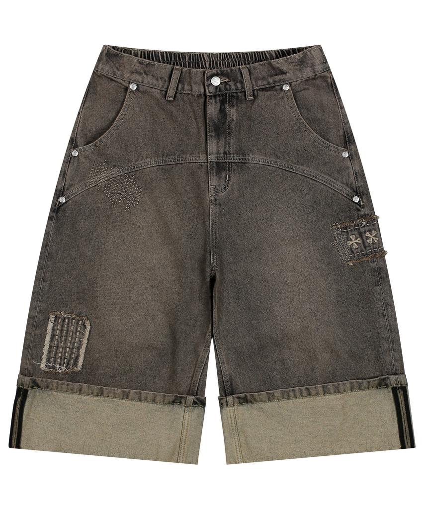 XTONZ Xp284 Boro Patchwork Bermuda Denim Pants (Brown)
