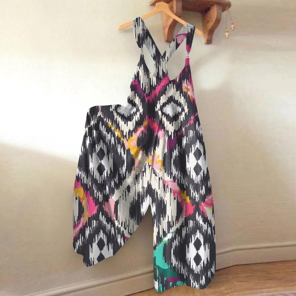 Wide Leg Overalls For Women Casual Loose Sleeveless Jumpsuits Retro Print Metal Button Long Pant Romper Jumpsuit With Pockets