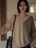 European Chic V-Neck Color Block Pure Wool Women's Sweater, Autumn Winter Loose Knit Pullover.