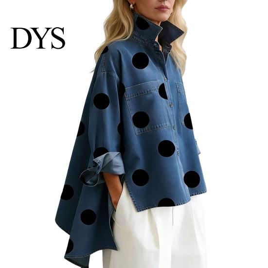 Textured Fabric Shirt Polka Dot Denim for Women Loose Fit Button-Down Top with Casual Outerwear Chest Pockets Oversize Spring Summer Fashionable