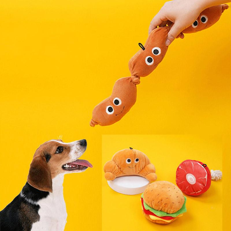 Chew Resistant Plush Hamburg Dog Toy with Sound Paper Cute Creative Pet Puzzle Toy for Medium Large Dogs French Bulldog Supplies