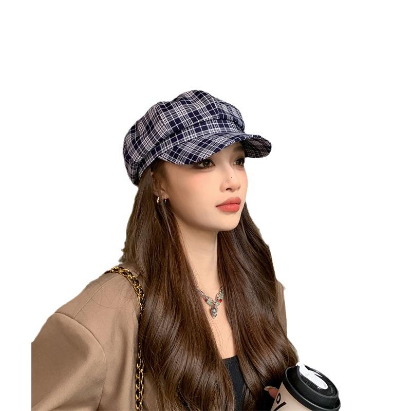 Korean New Hat Women's Autumn and Winter Plaid Octagonal Hat Fashionable Temperament Newsboy Hat Versatile Casual Peaked Hat