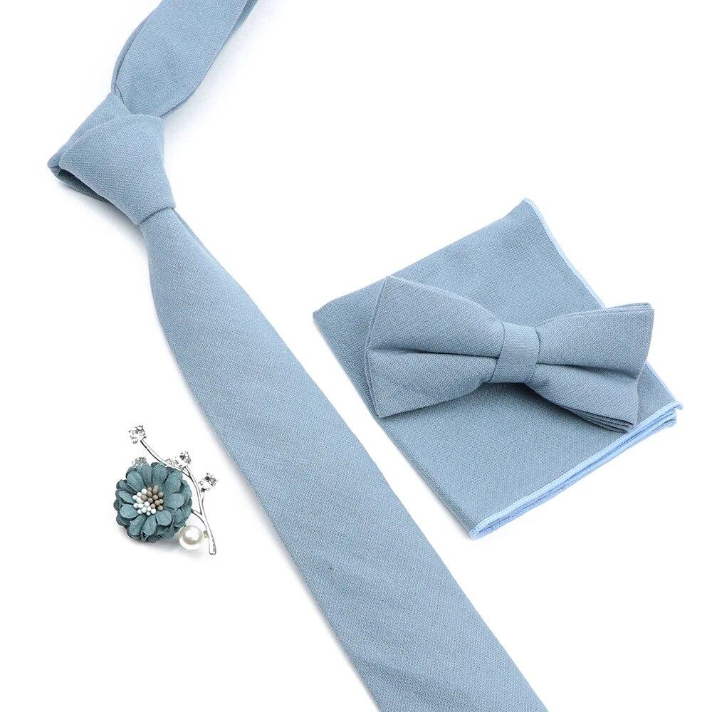 Solid Color Cotton Necktie Set For Men Tie 4pcs Hanky Cufflinks Rhinestone FLoral Brooch Tie Set