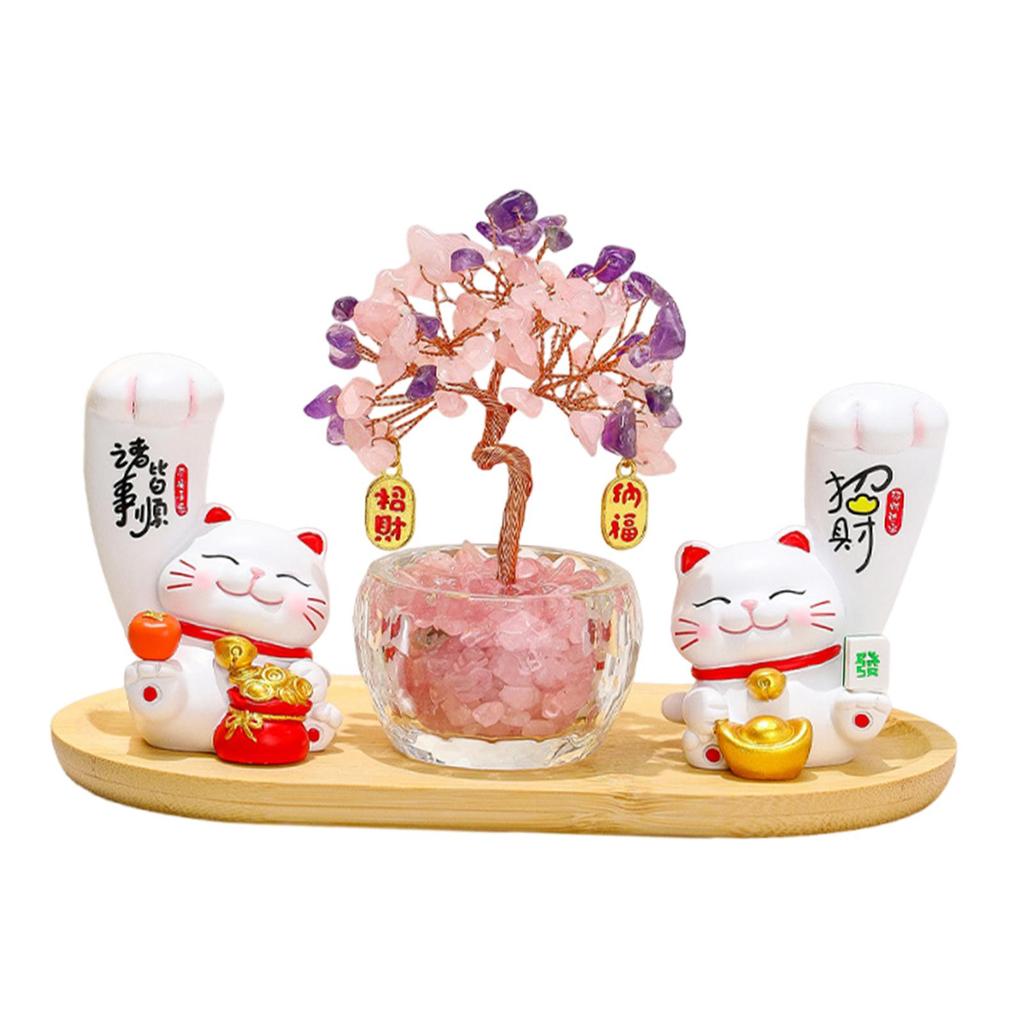 Resin Wood Cat Sculpture Feng Shui Lucky Cat Money Tree Ornament for TV Cabinet Birthday Gift