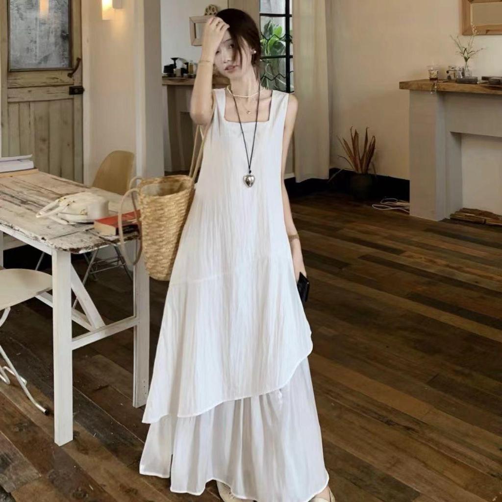 Elegant White Irregular Patchwork Spaghetti Strap Tank Dress