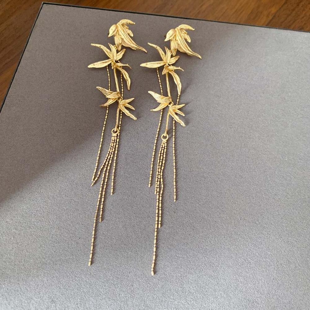 Chinese Ancient Style Bamboo Leaf Earrings Zinc Zinc Alloy Ear Jewelry Long Tassel Dangle Earrings Party золотой