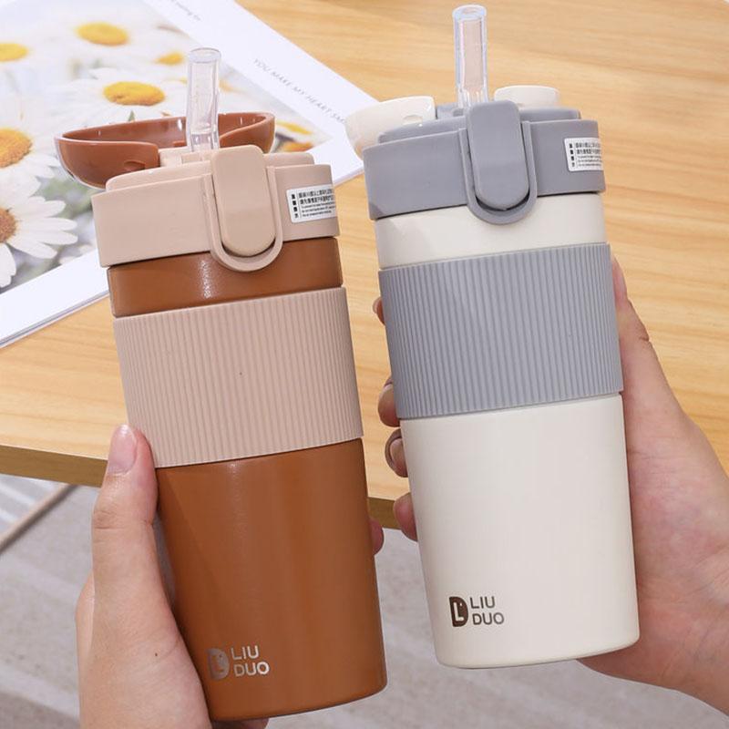 Straw Girls Thermos Cup Water Cup Student Portable Coffee Cup Portable Thermos Cup Large Capacity Cup