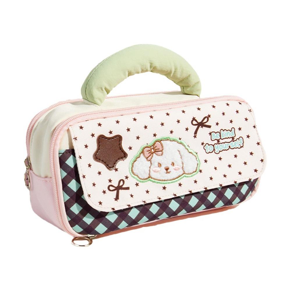 Handheld Embroidered Puppy Pencil Case Large Capacity Stationery Pouch Cartoon Pen Bag  Cosmetic