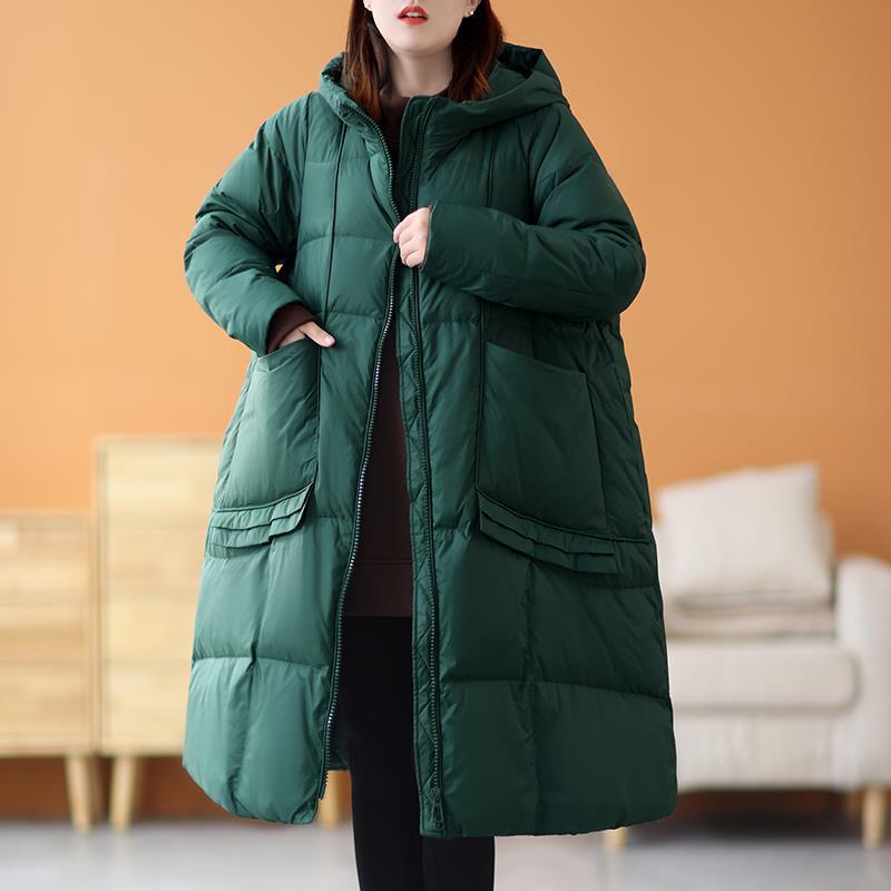 Winter new thickened large size white duck down hooded down jacket women's long knee loose versatile jacket
