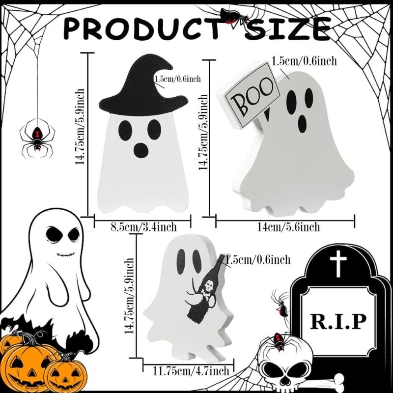 Halloween Cartoon Ghostly Decors Figurine Table Sign Set Of 3 Tiered Tray Ornaments For Mantels Shelves Seasonal Crafting