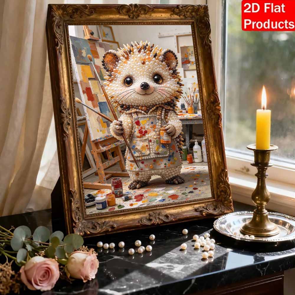 5D Framed Pearl Painting Kit Cute Artist Hedgehog Pattern Sparkling Bead Art Canvas Ready to Display Creative Home Decor Gift
