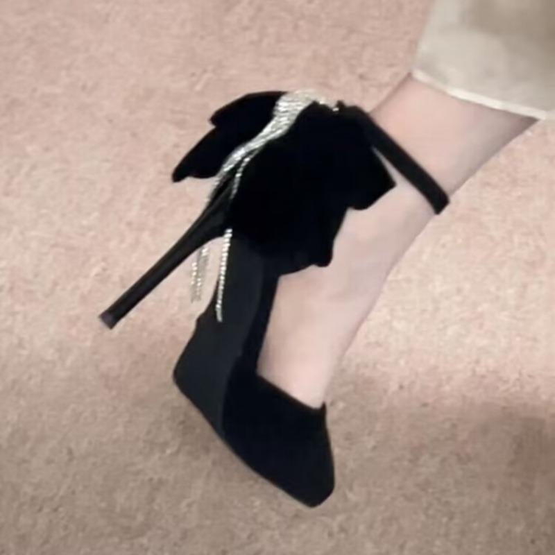 Fashion Women's Slim Heel Shoes Autumn New Pointy Shallow Mouth After The Suede Butterfly Knot Anti-slip Wear-resistant High Heels