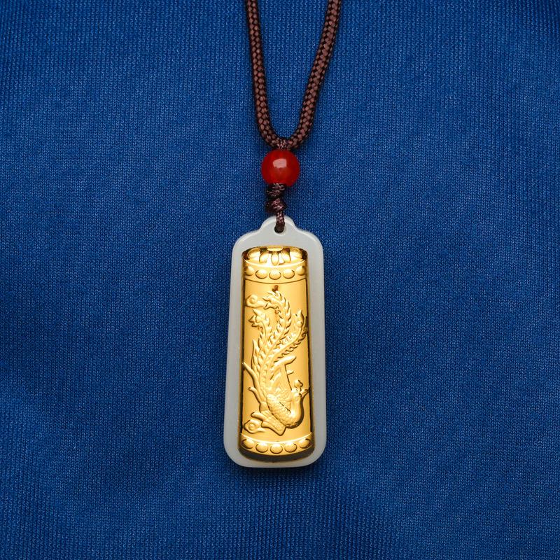 Gold-Inlaid Jade Dragon & Phoenix Pillar Pendant - 3D Solid Gold Dragon & Phoenix with Square Jade Plate