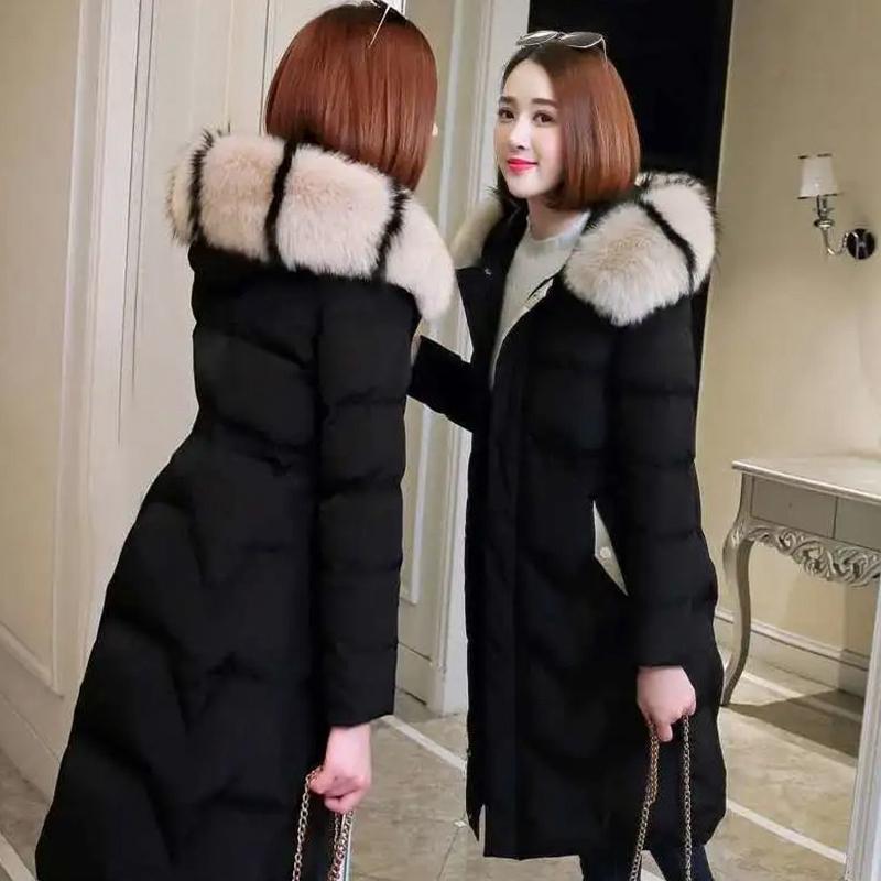 Damen Wintermantel aus Baumwolle mit großem Pelzkragen, über dem Knie, langer Parka, der warme Mantel, winddichte, verdickte Outdoor-Daunenjacke