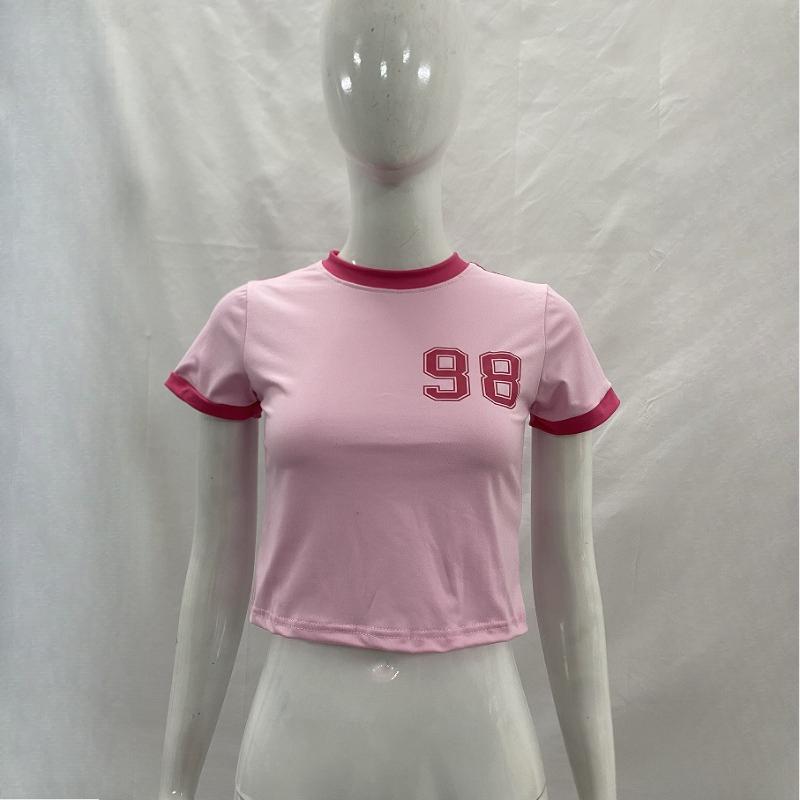 T-shirt crop top à col rond pour femmes européennes et américaines avec impression numérique