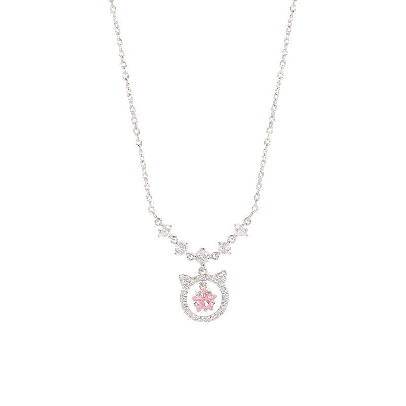 Korean Style Ins Sweet Girl Cat Pendant Rhinestone 925 Sterling Silver Necklace Jewelry Wholesale