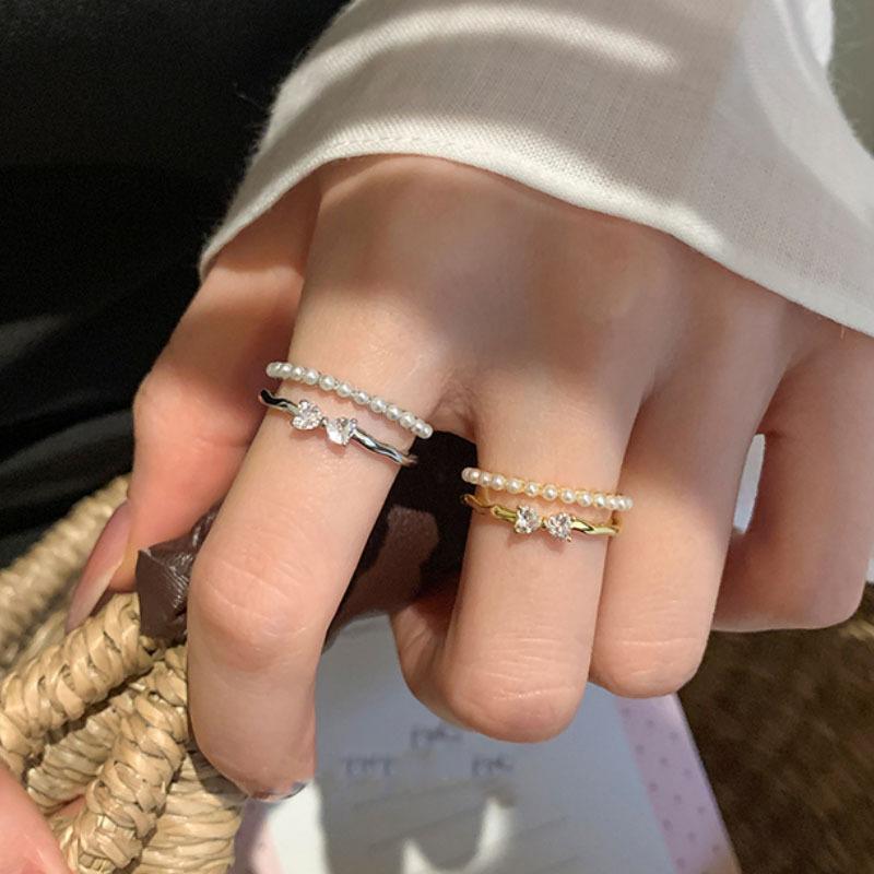 2Pcs Stackable Ring Set Faux Pearl & Rhinestone Twisted Band Open Rings for Women