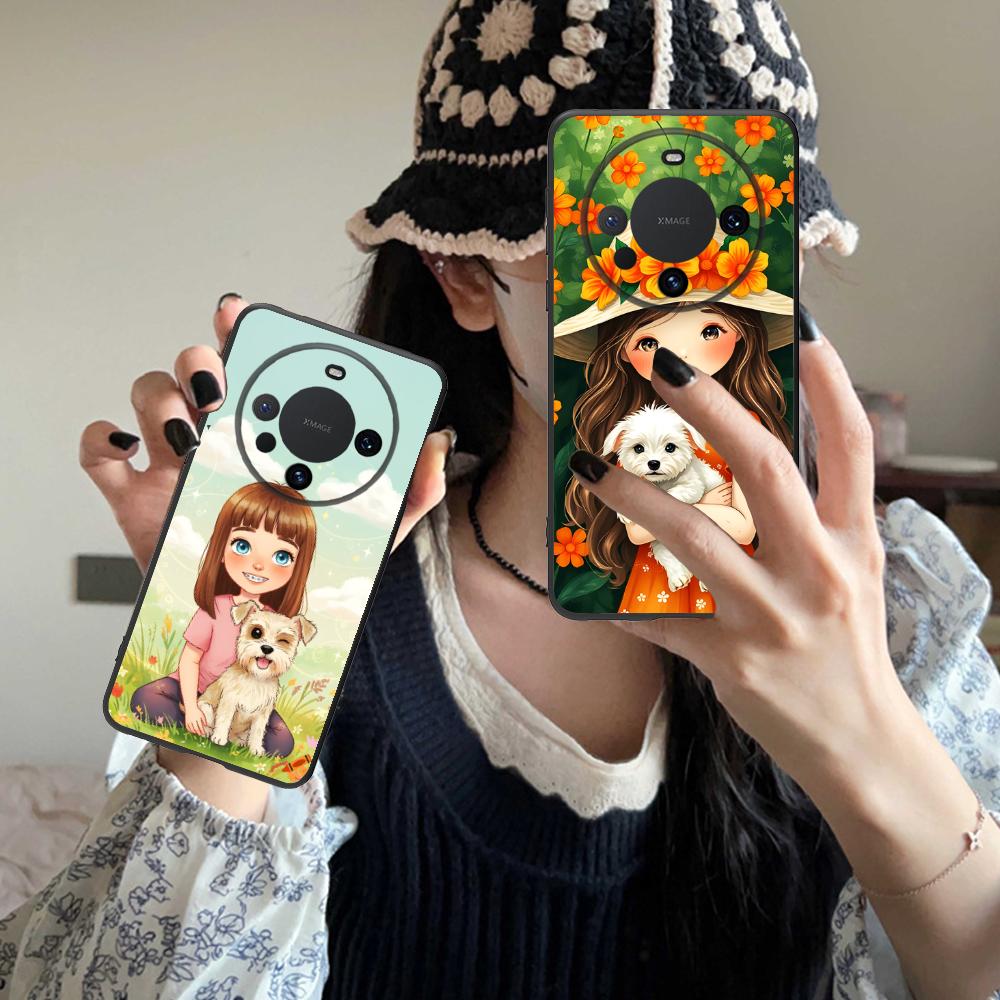 Girl Dog Puppy Matte TPU Mobile Phone Case for Huawei Mate 60 50 40 30 20 10 Pro Plus Lite E 5G Colorful Printing Cover