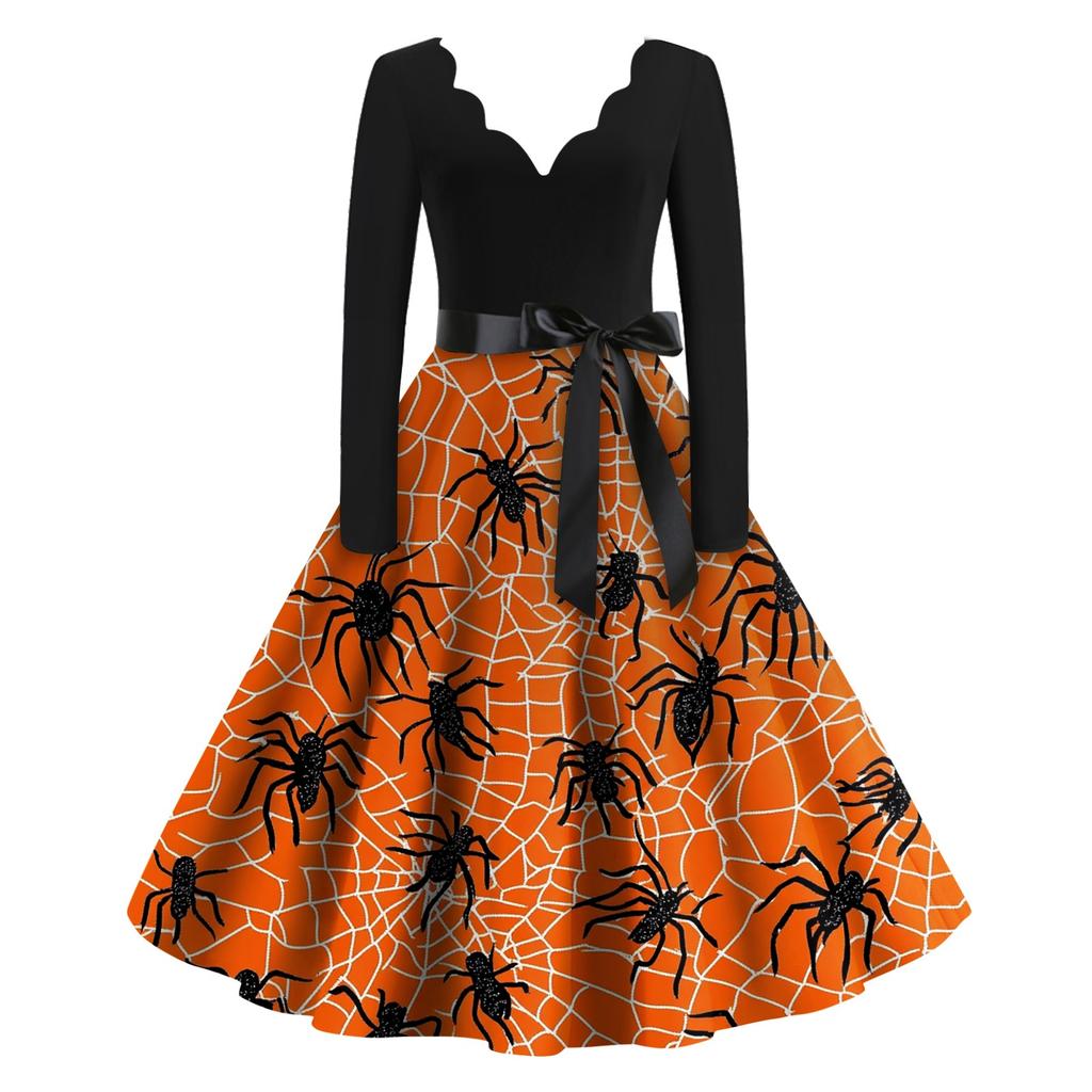 Kvinners uformelle mote Halloween trykt V-hals vintage kjole