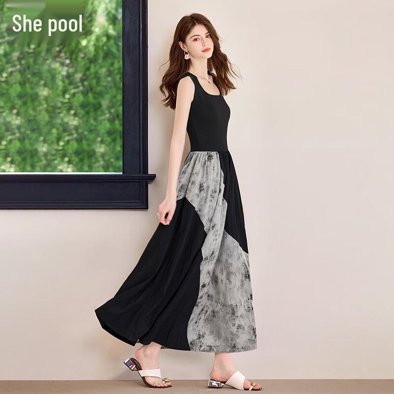 She Chi 2025 Summer Color Block A-Line Square Neck Dress XL