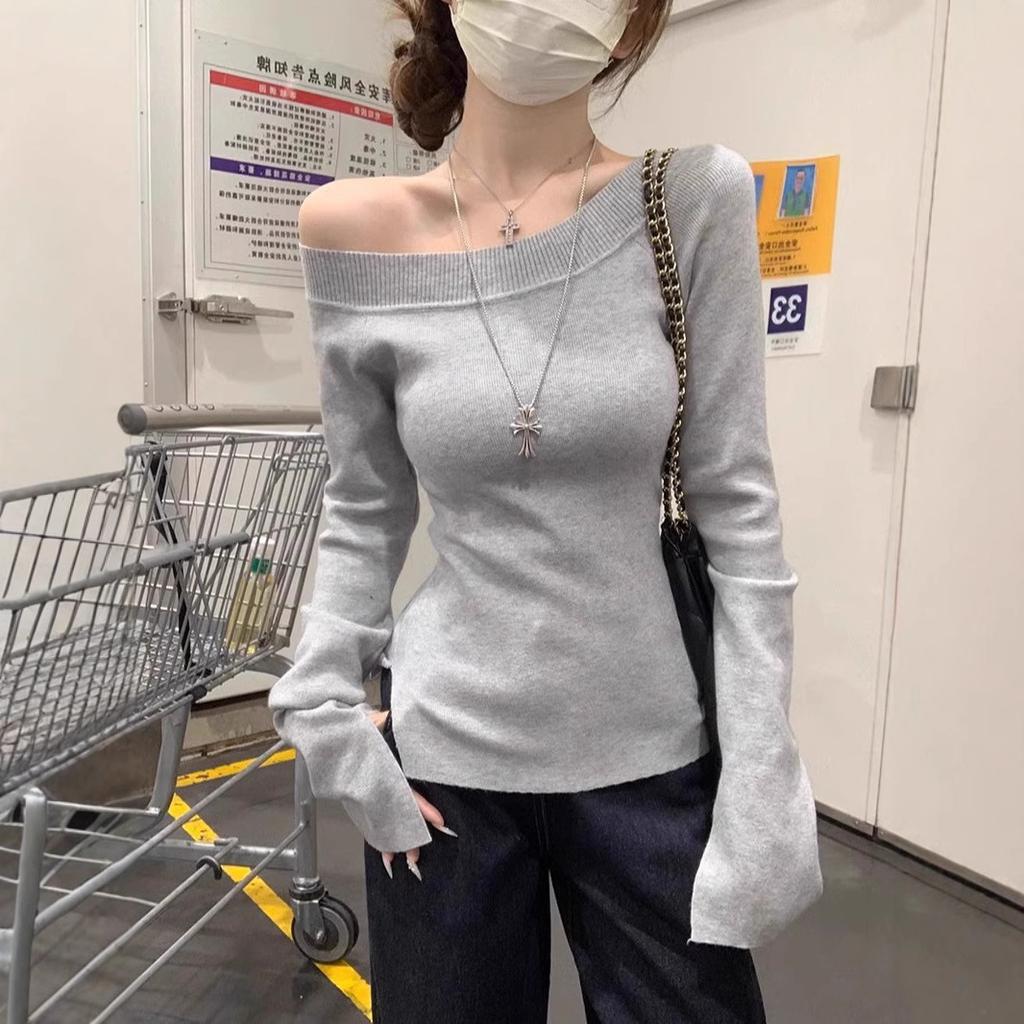 Spice girl pure desire one-word shoulder top bottoming shirt split design off-shoulder sexy tight flared sleeve knitted sweater