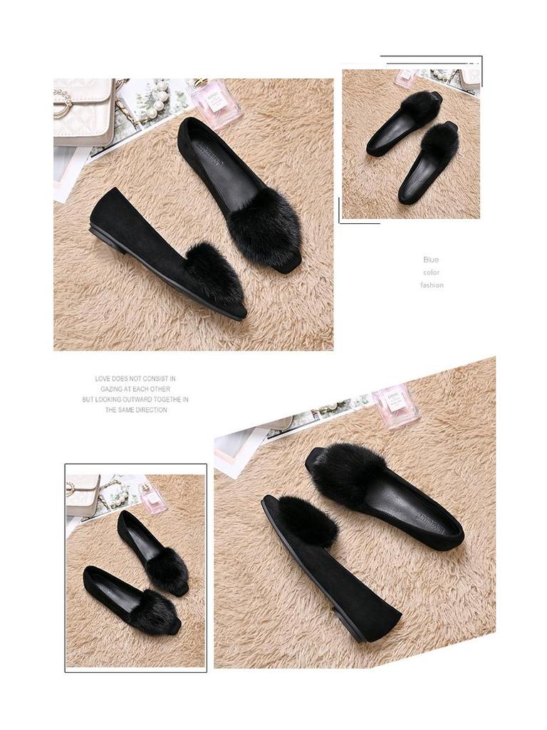 Mokasyny Damskie ze Skóry Naturalnej w Stylu Europejskim - Zimowe, Podszyte Futrem Minkowym, na Grubej Podeszwie, na Niskim Obcasie, Wygodne Buty