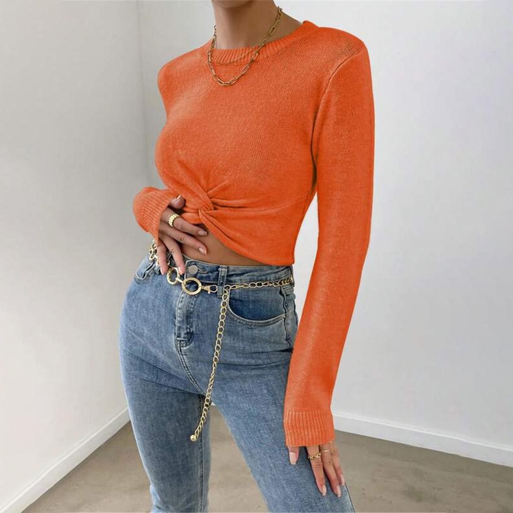 Autumn And Winter Slim Women's Fashion Solid Colour Versatile Round Neck Design Cross Knit Top Sweater