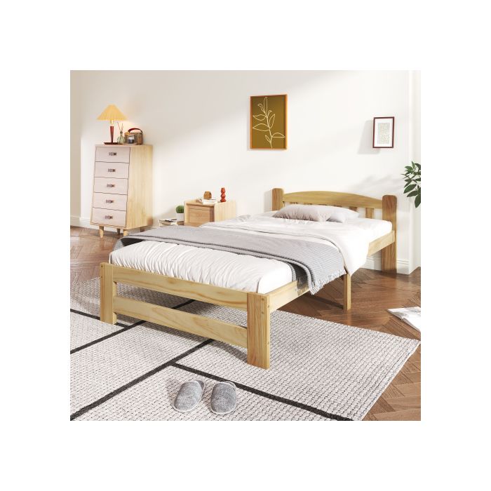 Lit Simple, Lit En Bois Massif Naturel Avec Tête De Lit Et Sommier À Lattes, Lit Jeune, Lit Adulte, Nature, 90x200 Cm