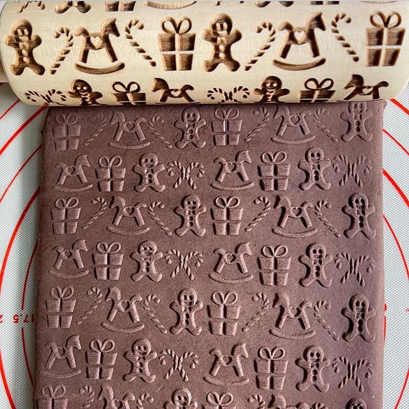 3D Pattern Flower Snowflake Rattan Wooden DIY Baking Tools Laser Engraved Christmas Embossed Rolling Pins Cookie Mold 2025