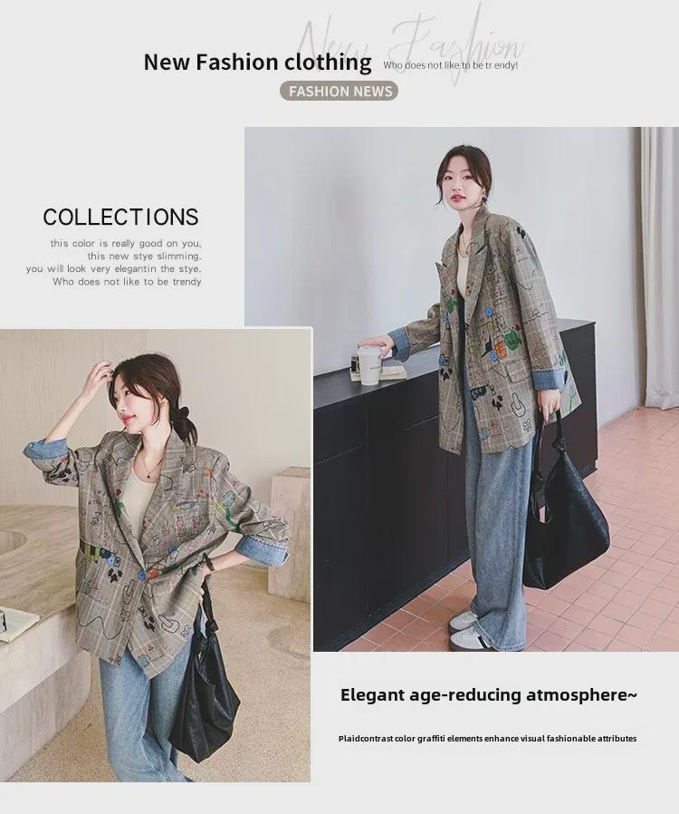 Jachetă de damă primăvara 2025 gri cu imprimeu graffiti în carouri: Street-Rock Croială Largă, Design Nou