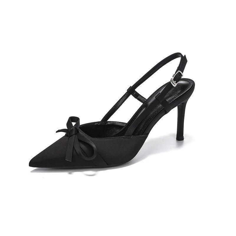 Spring and Summer 2025 New Nude Bow Stiletto High Heels Women's Satin Pointed Sandals French Temperament Single Shoes