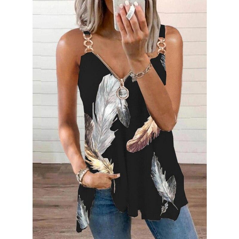 2023 Fashion Sleeveless Leaf Print Blouse For Woman V Neck Zipper Loose Shirts Elegant Casual Stylish Tops Summer Blusas 26506
