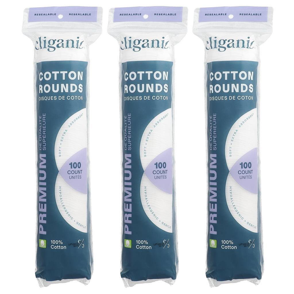 Cliganic, Premium Cotton Pads, 3 Packs, 100 Pads Each