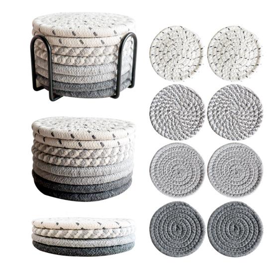 

8Pcs Cotton Rope Coaster Mug Mat with Stand Heat-Resistant Non-Slip Table Protector Reusable Rustic Kitchen Dining Decor for Home Restaurant Outdoor A серый