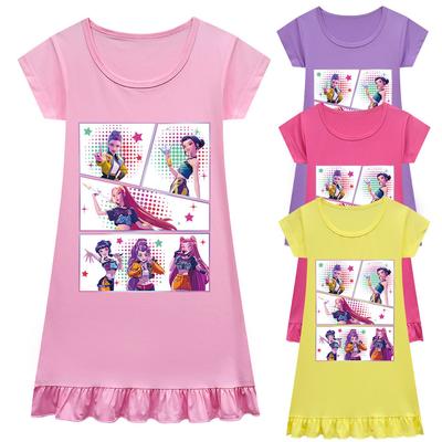 Kids Girls Anime Cartoon K-POP Rumi Zoey Mira Print Pleat Short Sleeve Casual Round Neck Dress